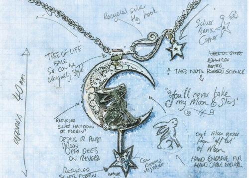 handcrafted and recycled sterling silver moon, star and hare charm for a tree sculpture, necklace or bracelet
