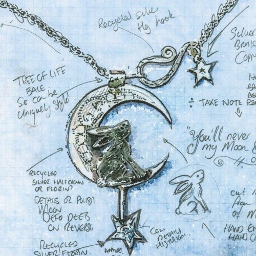 handcrafted and recycled sterling silver moon, star and hare charm for a tree sculpture, necklace or bracelet