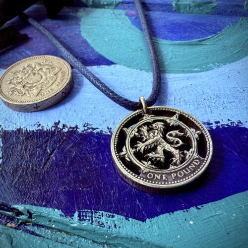 Scottish rampant lion patriot Hand Crafted and cut one pound coin pendants created from old, out of circulation pound coins, totally original and unique jewellery for a scotsman