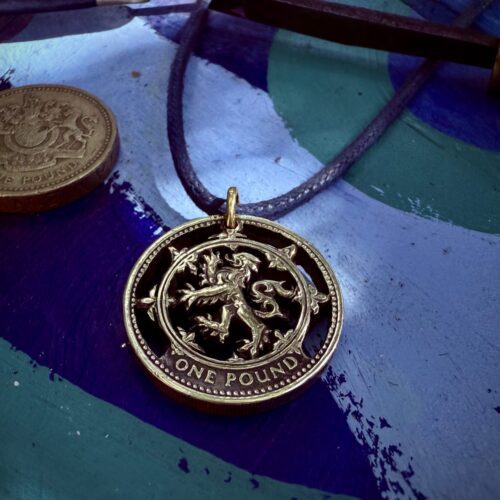 Scottish rampant lion patriot Hand Crafted and cut one pound coin pendants created from old, out of circulation pound coins, totally original and unique jewellery for a scotsman