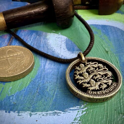 Hand Crafted and cut England three lions one pound coin pendants created from old, out of circulation pound coins, totally original and unique