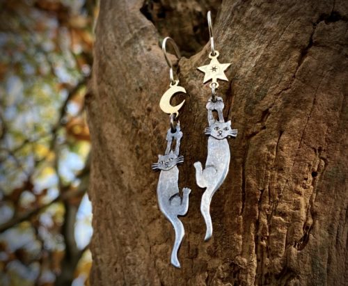 Ethical Cat earrings handcrafted and recycled silver coin cat earrings
