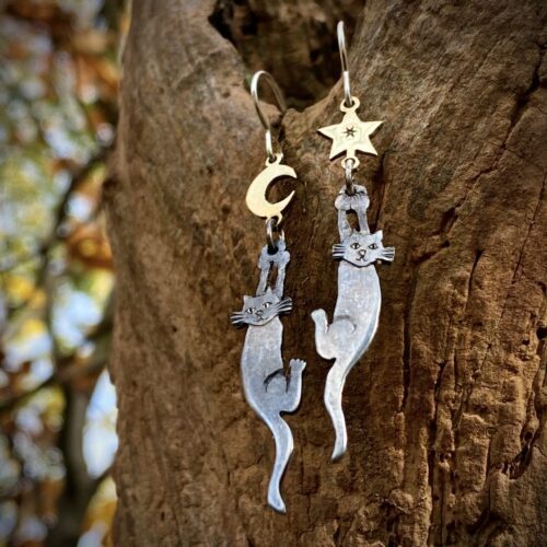 Ethical Cat earrings handcrafted and recycled silver coin cat earrings