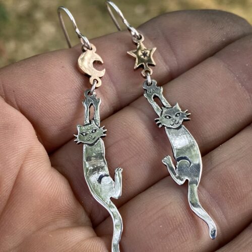 recycled silver coin cat earrings made in England by Hairy Growler
