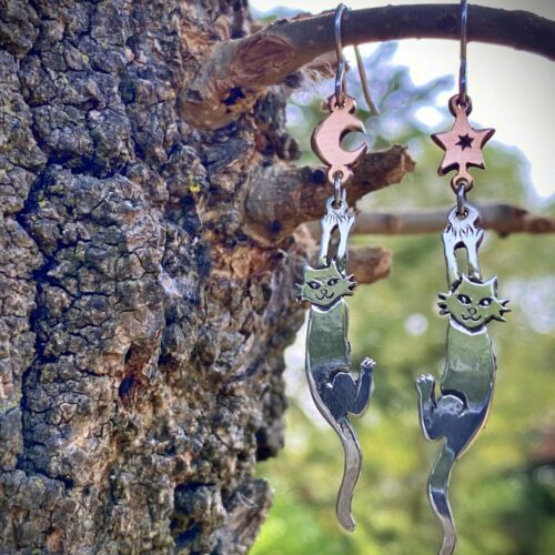 recycled silver coin cat earrings made in England by Hairy Growler