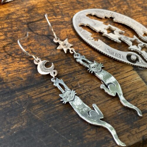 recycled silver coin cat earrings made in England by Hairy Growler