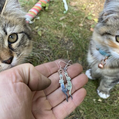 recycled silver coin cat earrings made in England by Hairy Growler