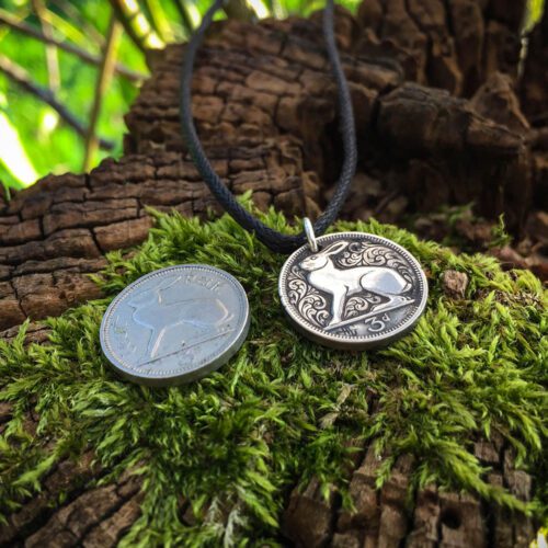 hand carved flourish Irish hare threepence coin pendant