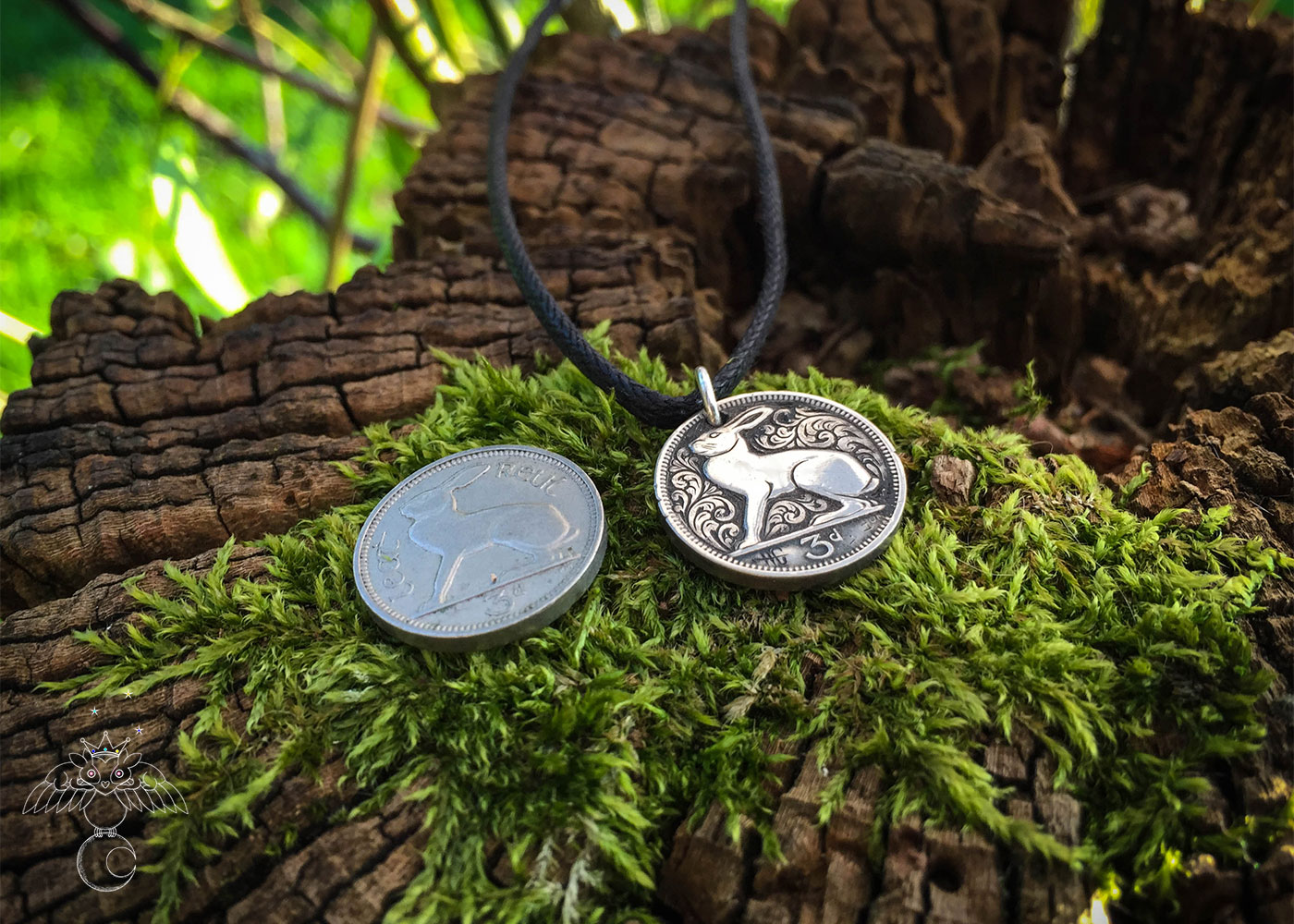 hand carved flourish Irish hare threepence coin pendant