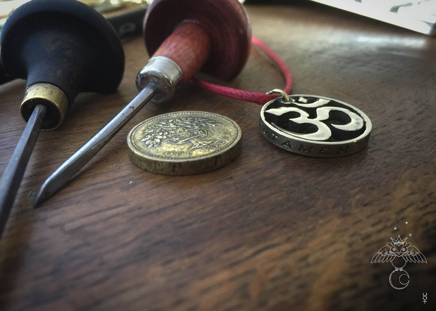 Handcrafted and recycled om coin pendant necklace