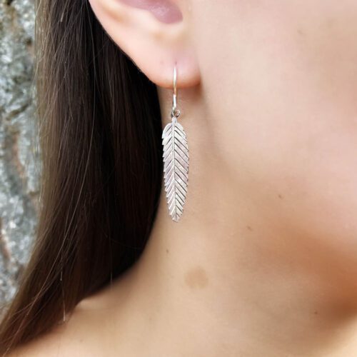 Rowan tree leaves earrings ethical jewellery made from recycled silver coins.