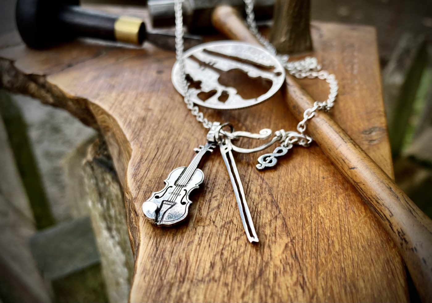 violin necklace, fiddle - handcrafted and recycled using silver coins
