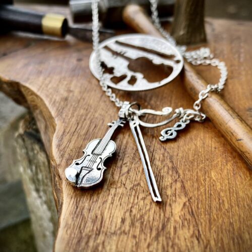 violin necklace, fiddle - handcrafted and recycled using silver coins