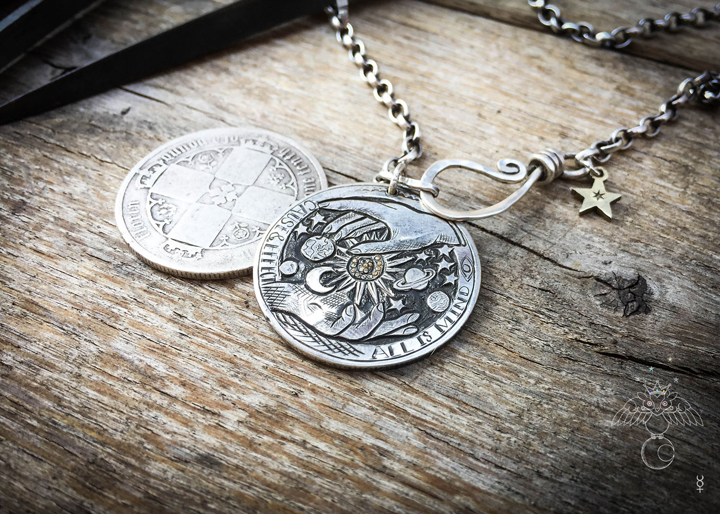 handmade and upcycled silver coin all is mind necklace pendant
