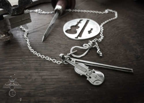 fiddle, violin necklace - handcrafted and recycled using silver coins