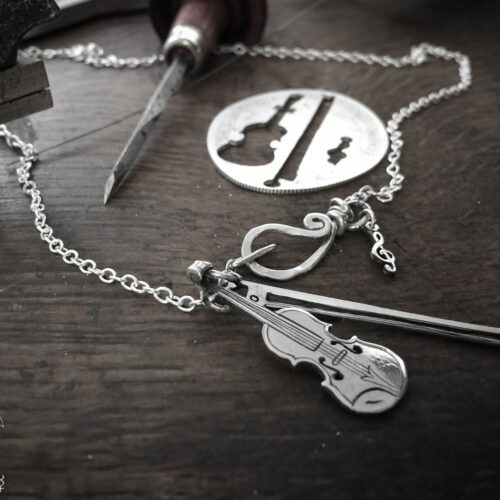 fiddle, violin necklace - handcrafted and recycled using silver coins