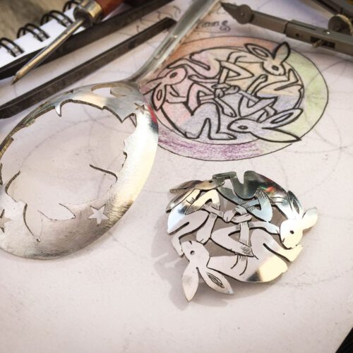 handmade and upcycled spoon hare brooch