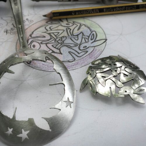 handcrafted and recycled spoon hare brooch