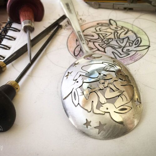 handcrafted and recycled spoon hare brooch