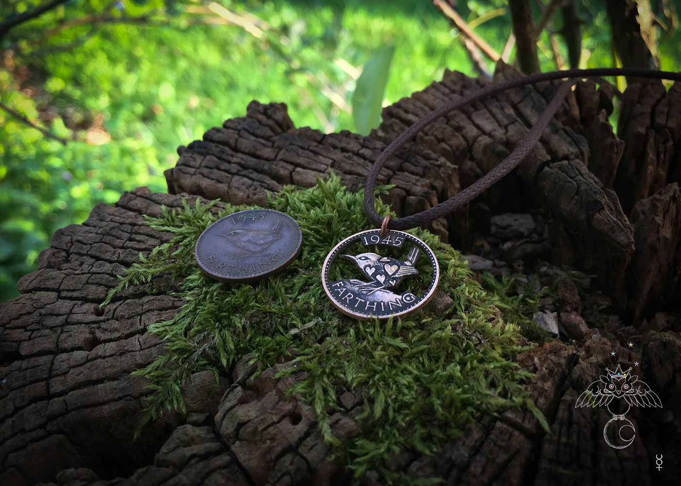 Hand cut, carved and engraved Jenny Wren Farthing coin pendant necklace made in the Hg workshop