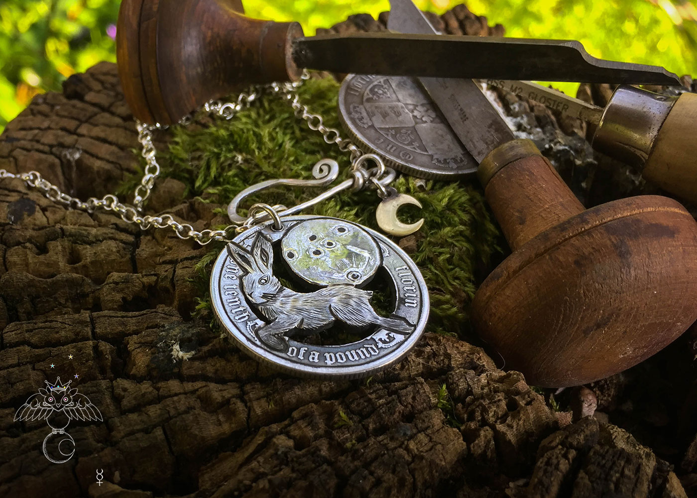 Magical hare jewellery handmade and upcycled silver coin leap hare moon magic necklace pendant