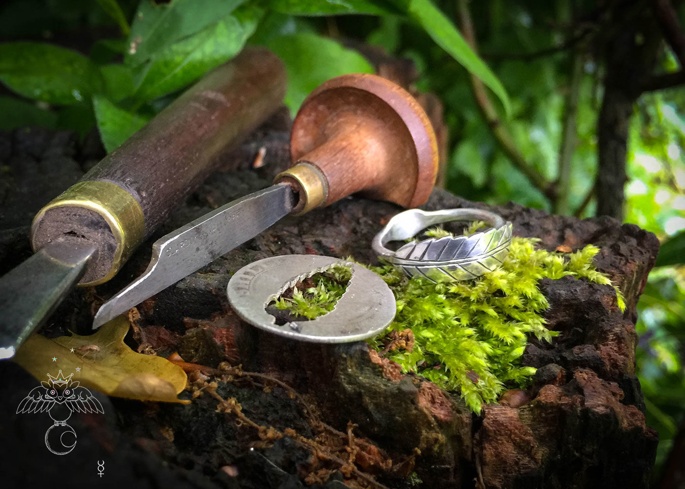 handmade and repurposed silver shilling rowan leaf ring