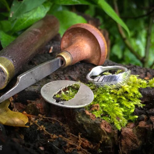 handmade and repurposed silver shilling rowan leaf ring