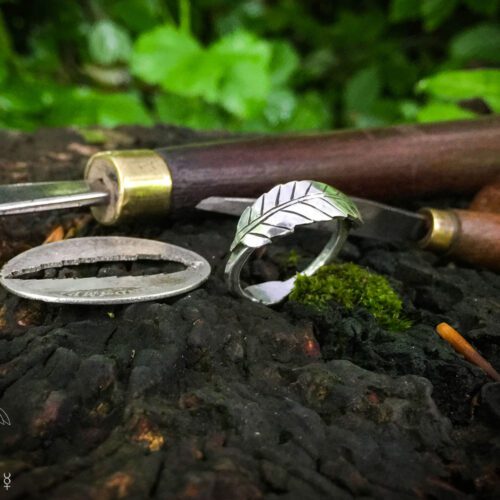 handmade and repurposed silver shilling rowan leaf ring