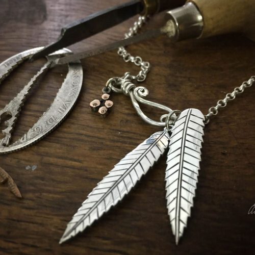 handcrafted and recycled silver florin coin rowan leaf leaves necklace