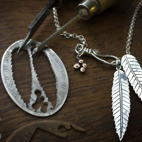 handcrafted and recycled silver florin coin rowan leaf leaves necklace