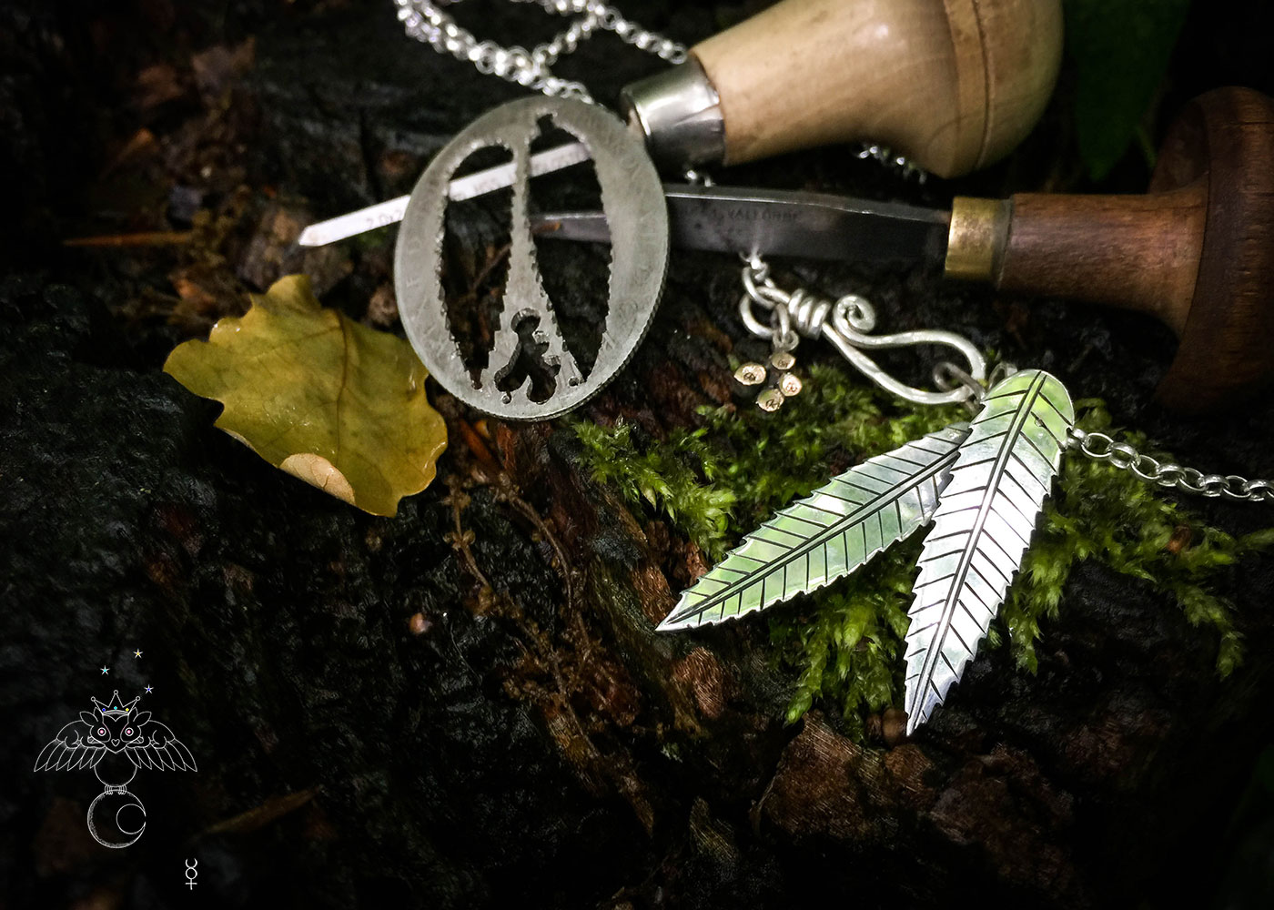handmade and upcycled silver florin coin rowan leaf leaves necklace