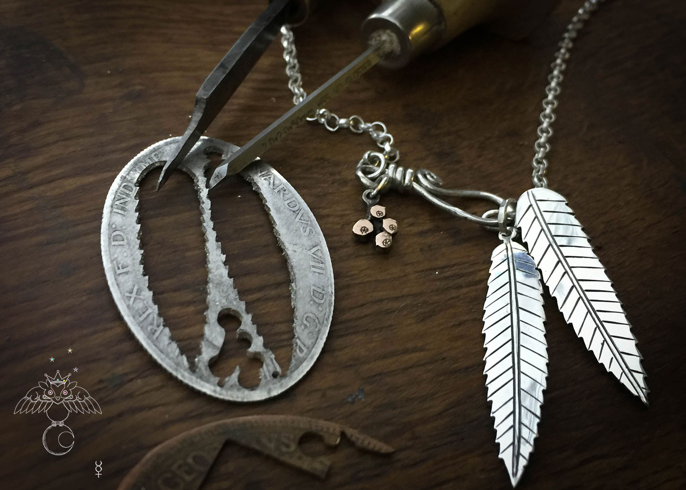 handcrafted and recycled silver florin coin rowan leaf leaves necklace