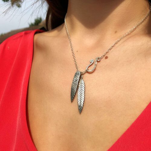 Rowan tree leaves necklace ethical jewellery made from recycled silver coins.