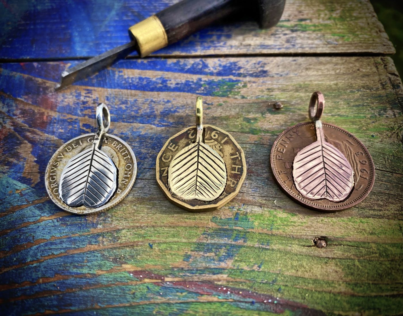 Ogham tree pendant handcrafted and recycled silver florin coin Alder leaf leaves necklace