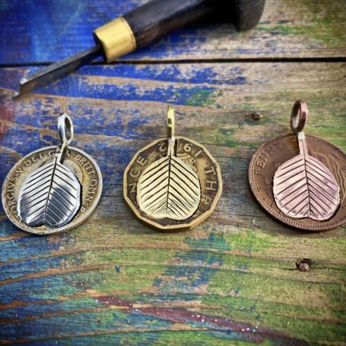 Ogham tree pendant handcrafted and recycled silver florin coin Alder leaf leaves necklace