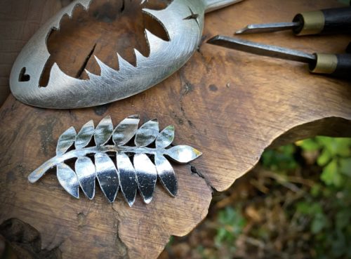handcrafted and recycled spoon rowan leaf leaves brooch
