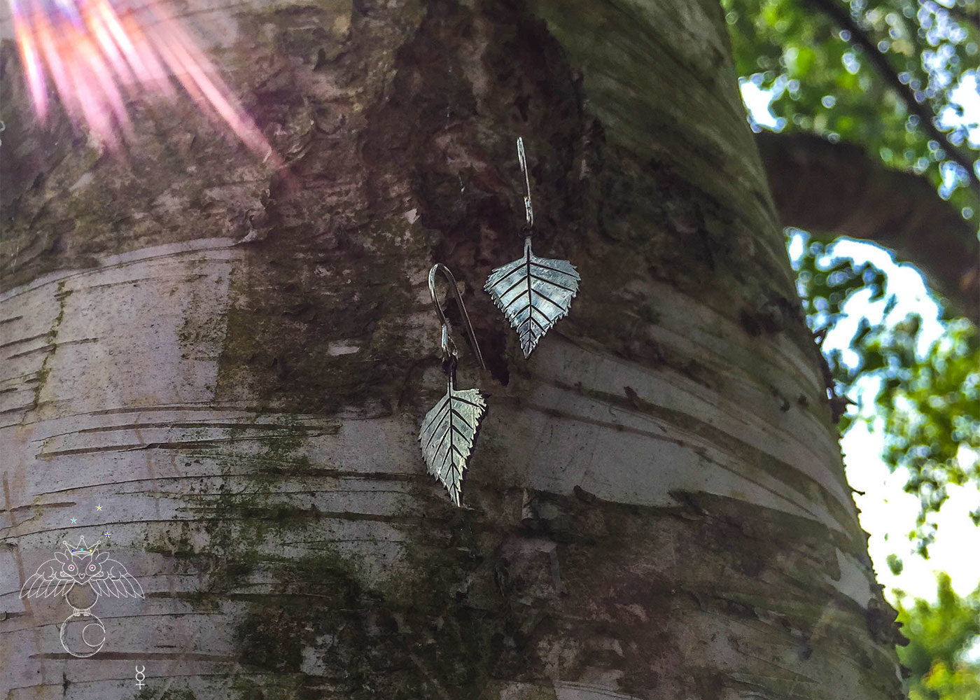 handmade and upcycled coin silver Birch leaves leaf earrings