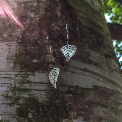 handmade and upcycled coin silver Birch leaves leaf earrings