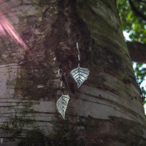 handmade and upcycled coin silver Birch leaves leaf earrings