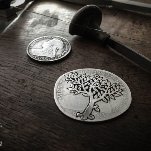 Handcrafted and recycled silver coin Elder tree necklace