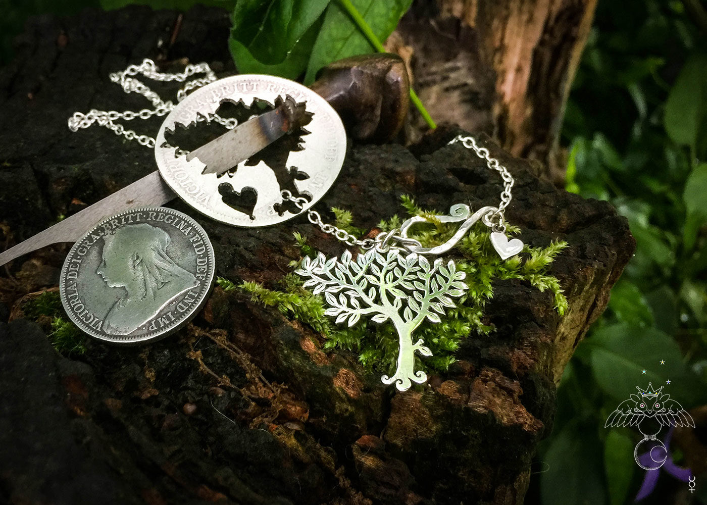 Handcrafted and recycled silver coin Elder tree necklace