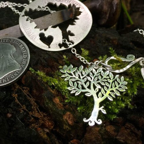 Ogham tree necklace Handcrafted and recycled silver coin Elder tree necklace