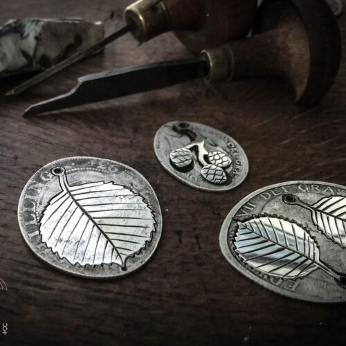 handmade and upcycled coin silver alder leaves leaf earrings
