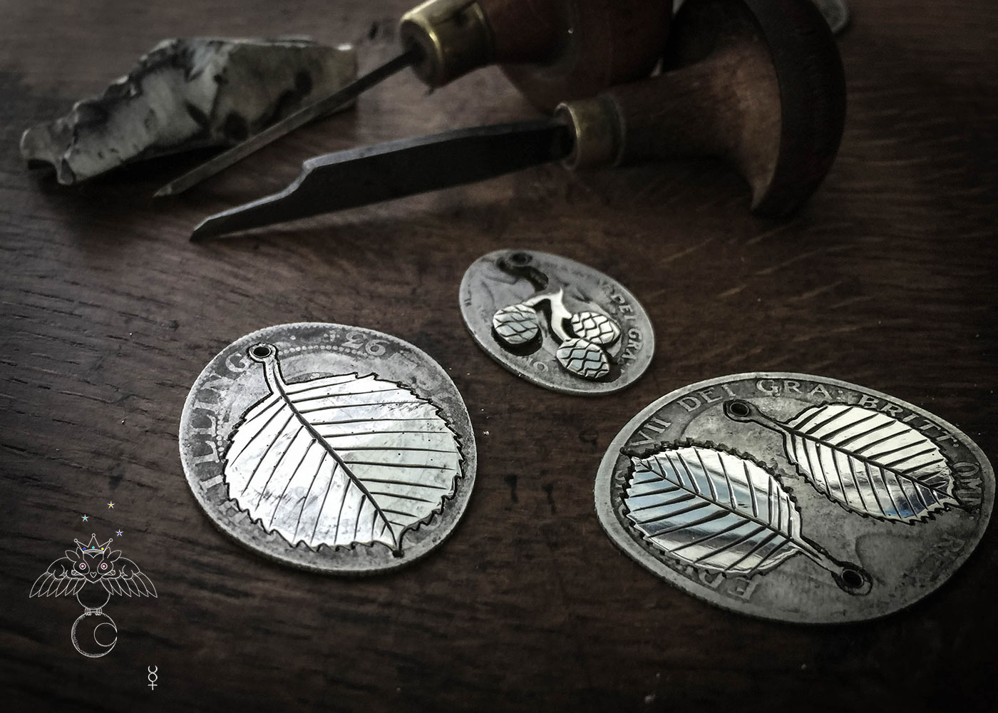 handmade and upcycled coin silver alder leaves leaf earrings