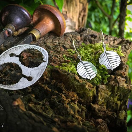 Ogham tree jewellery handmade and upcycled coin silver alder leaves leaf earrings