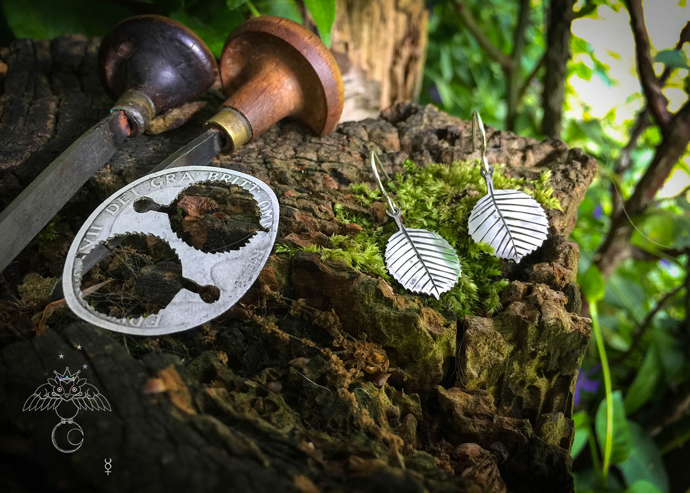 Ogham tree jewellery handmade and upcycled coin silver alder leaves leaf earrings