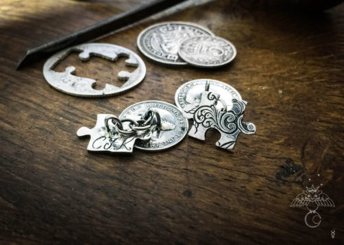 Ethical jewellery. Handmade and repurposed lucky threepence coin jigsaw cufflinks
