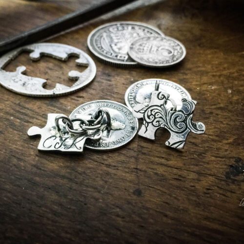 Ethical jewellery. Handmade and repurposed lucky threepence coin jigsaw cufflinks