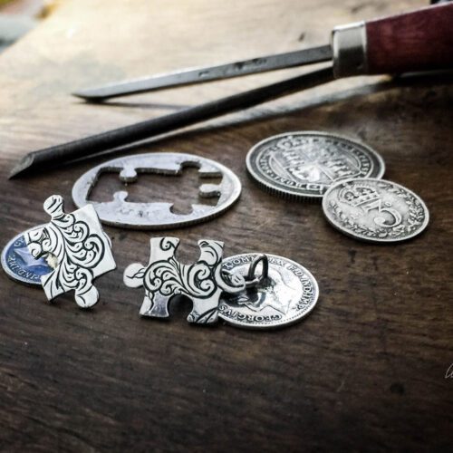 Handcrafted and repurposed lucky threepence coin jigsaw cufflinks