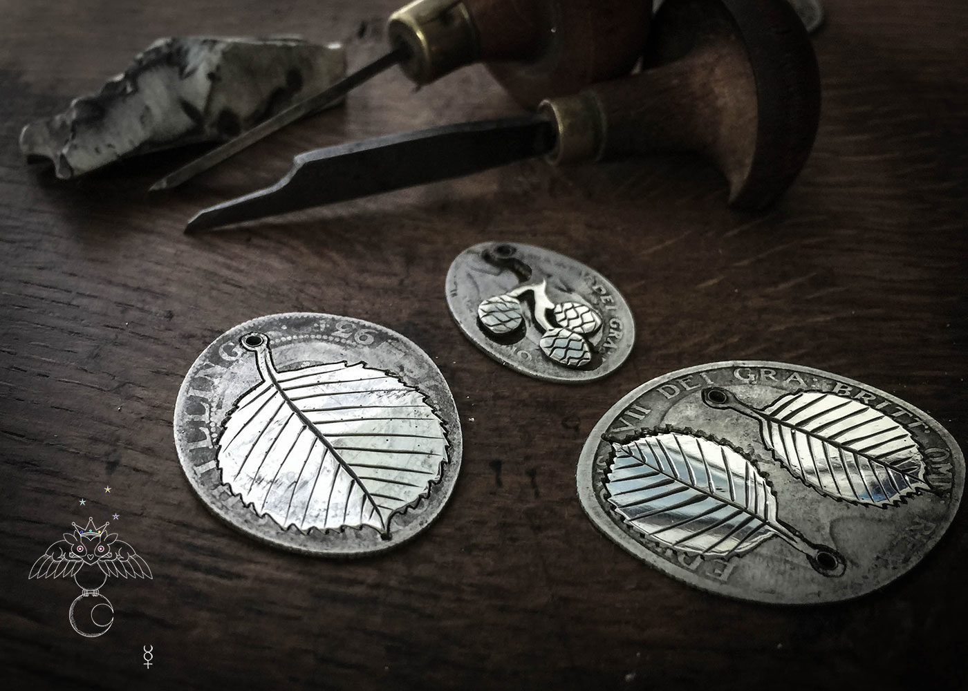 handcrafted and recycled silver florin coin Alder leaf leaves necklace